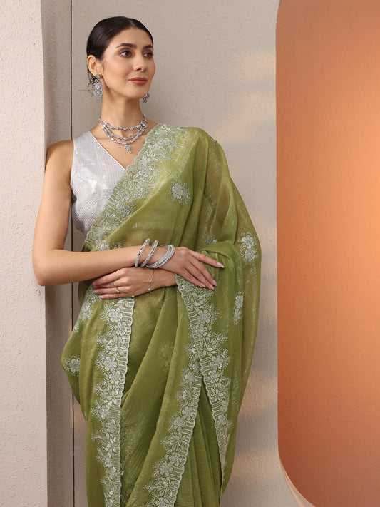 Green Embroidered Organza Saree With Unstitched Blouse Piece