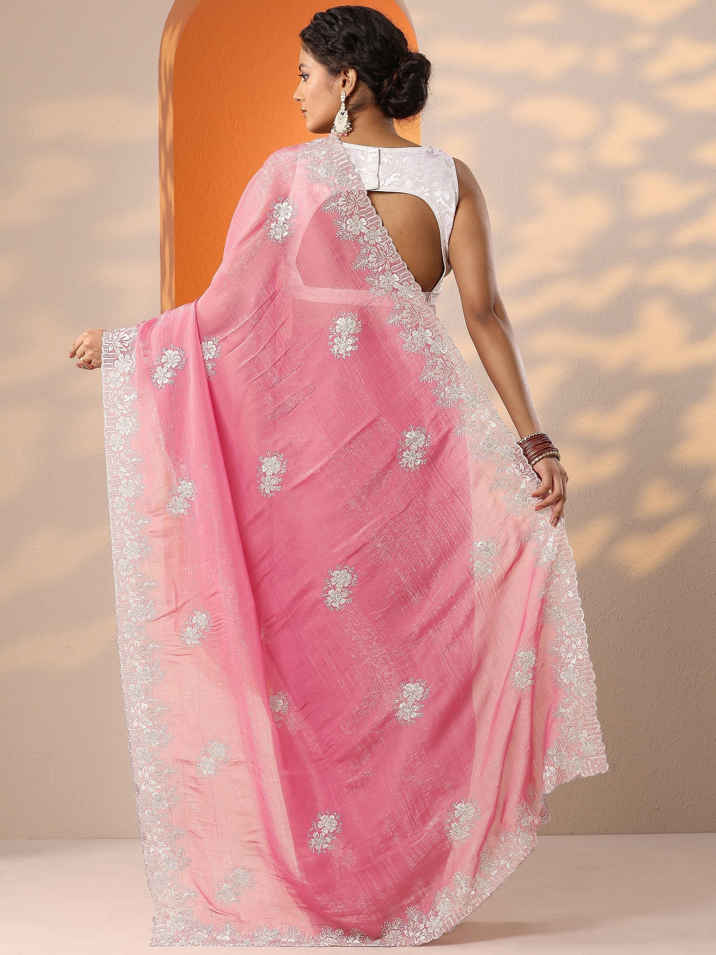 Coral Embroidered Organza Saree With Unstitched Blouse Piece