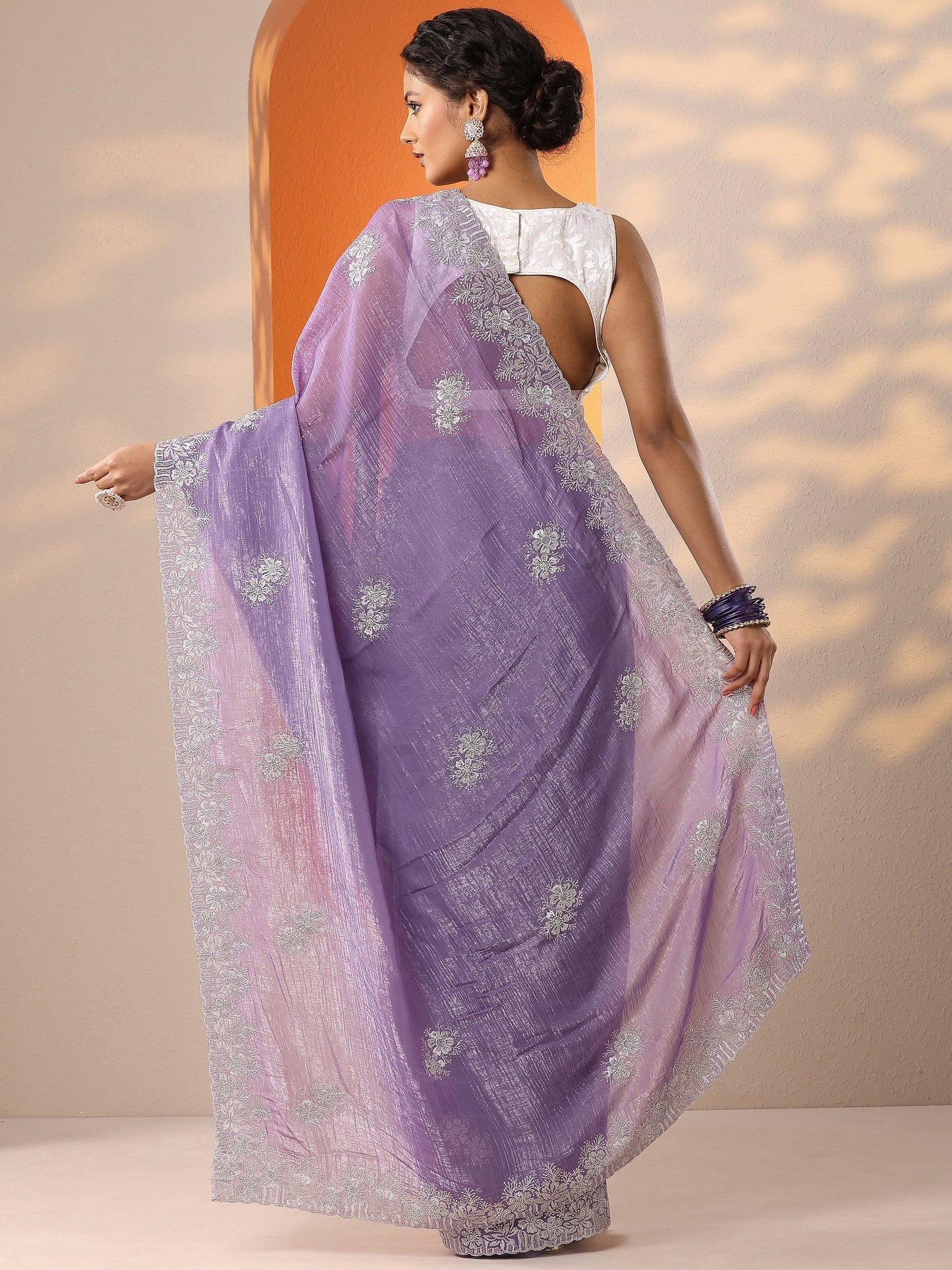 Lavender Embroidered Organza Saree With Unstitched Blouse Piece