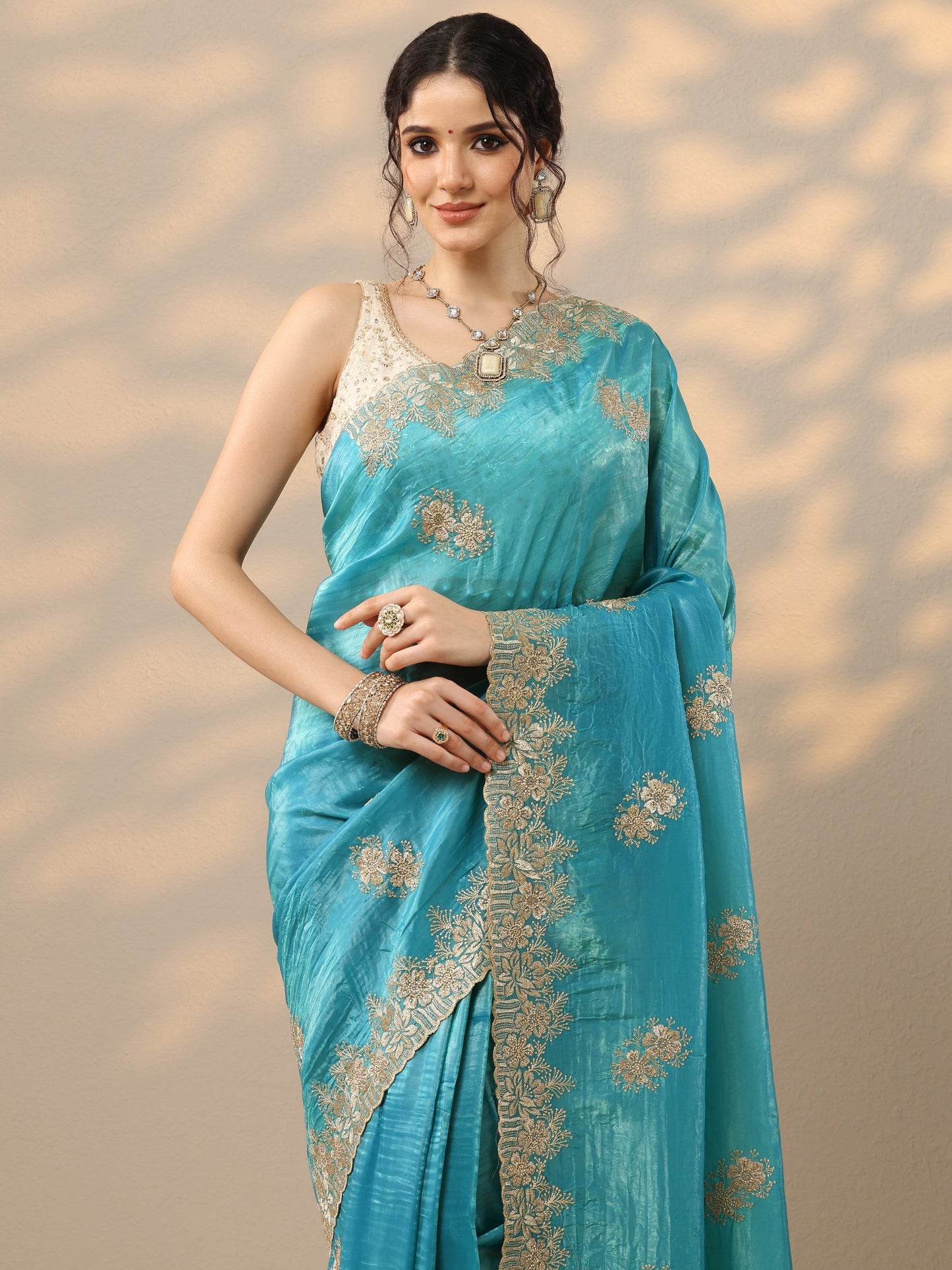 Blue Embroidered Organza Saree With Unstitched Blouse Piece