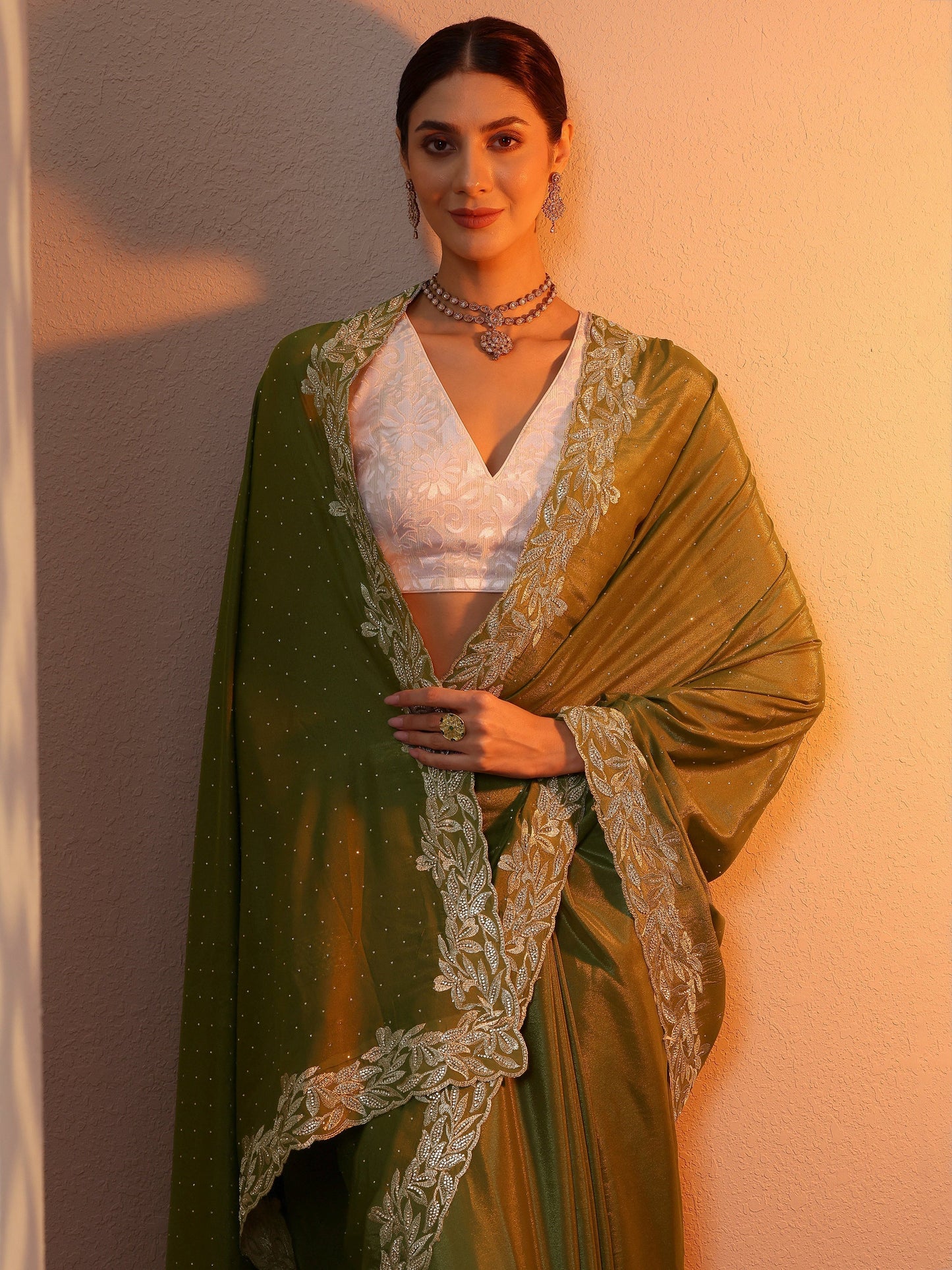 Green Embellished Chinon Saree With Unstitched Blouse Piece