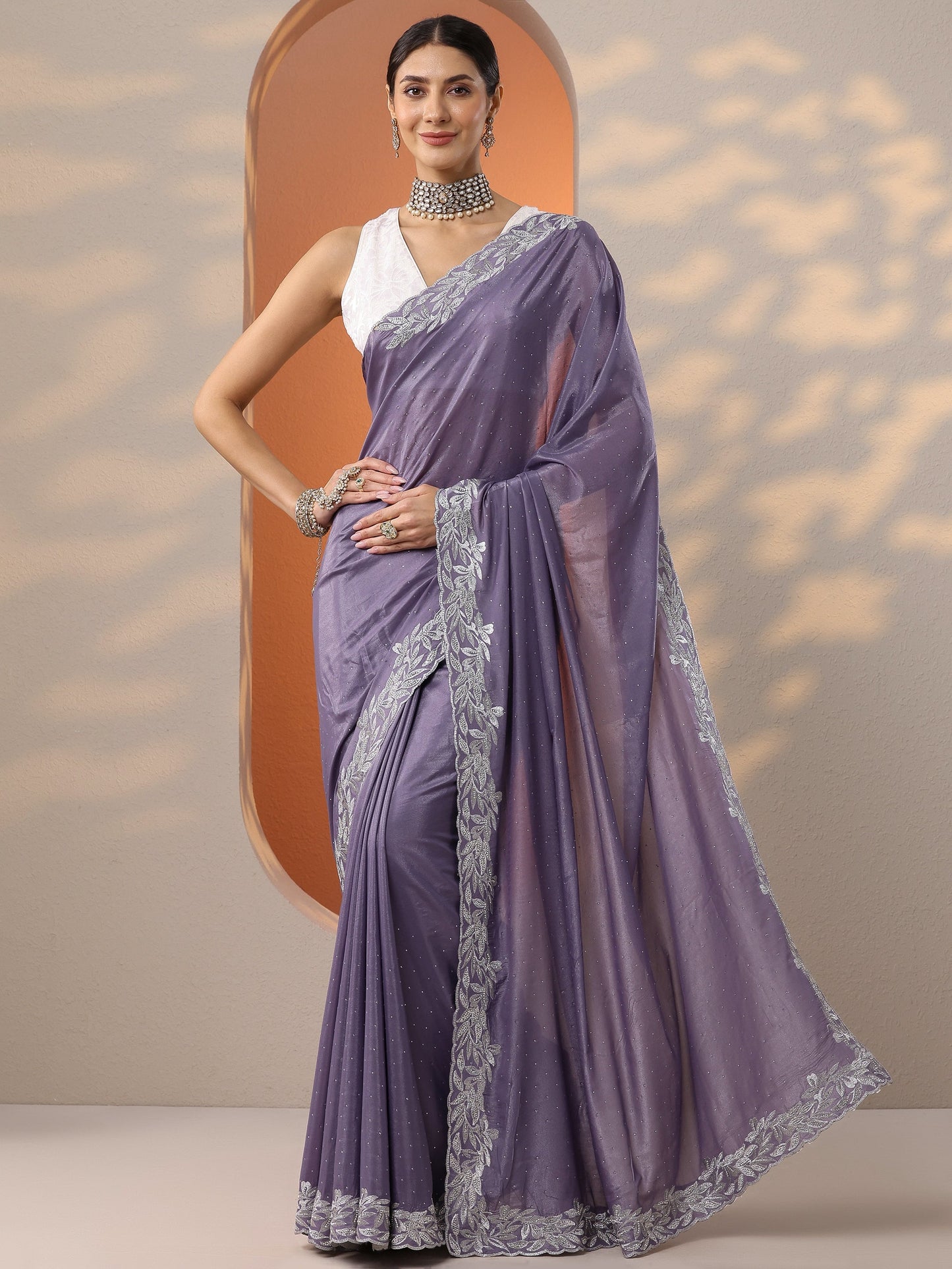 Lavender Embellished Chinon Saree With Unstitched Blouse Piece
