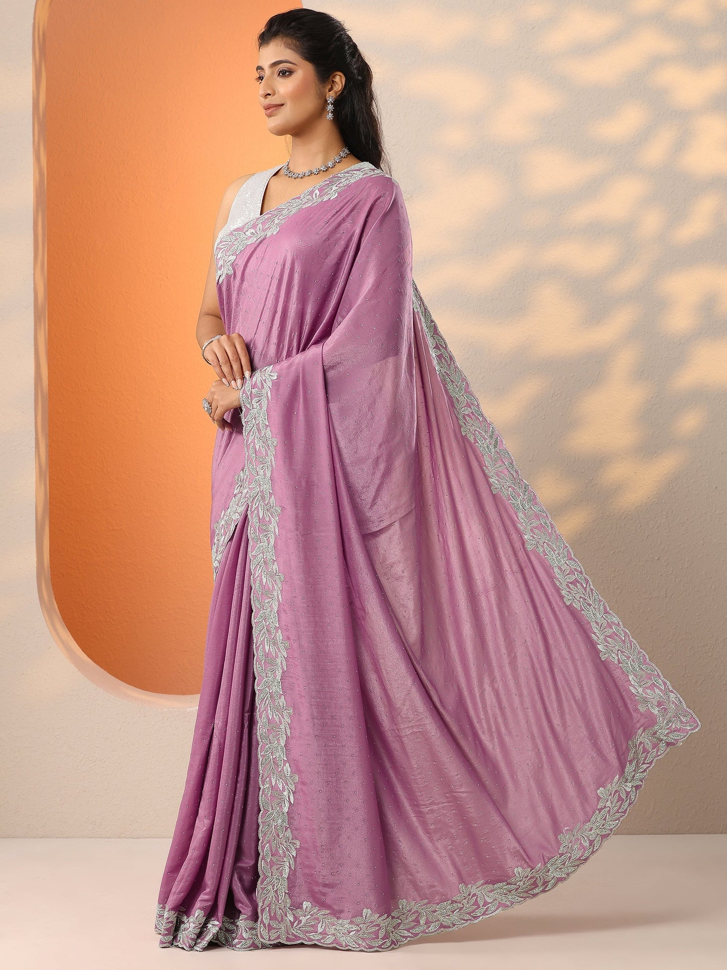 Mauve Embellished Chinon Saree With Unstitched Blouse Piece