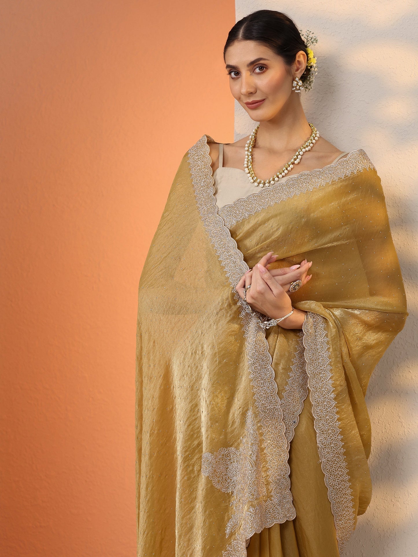 Mustard Embroidered Organza Saree With Unstitched Blouse Piece