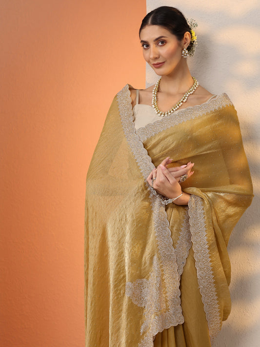 Mustard Embroidered Organza Saree With Unstitched Blouse Piece