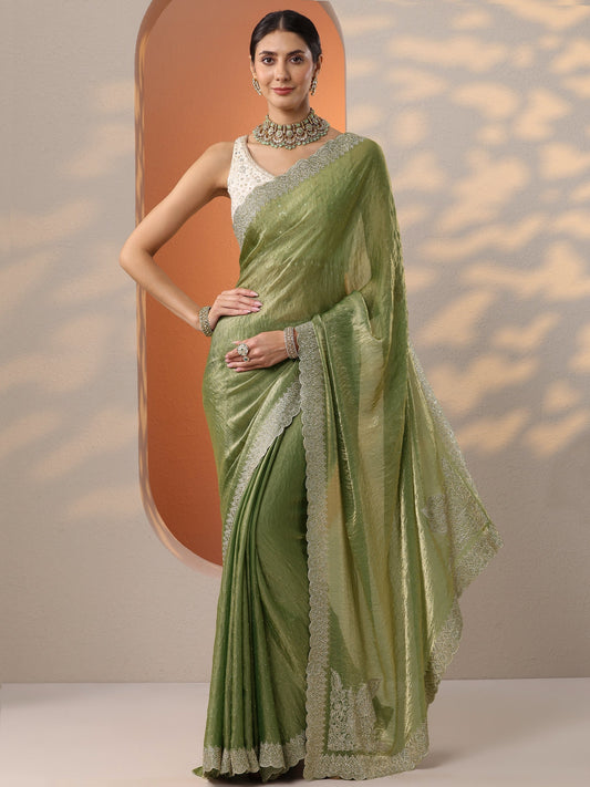 Green Embroidered Organza Saree With Unstitched Blouse Piece