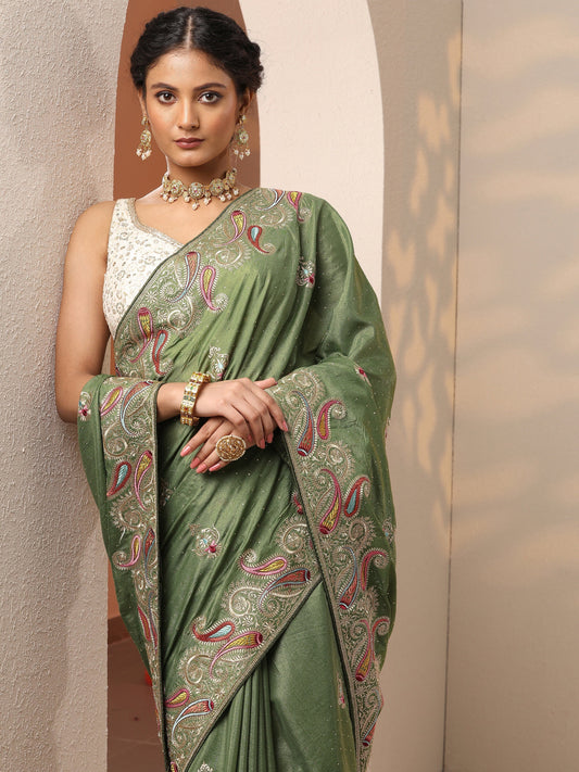 Green Embroidered Chinon Saree With Unstitched Blouse Piece
