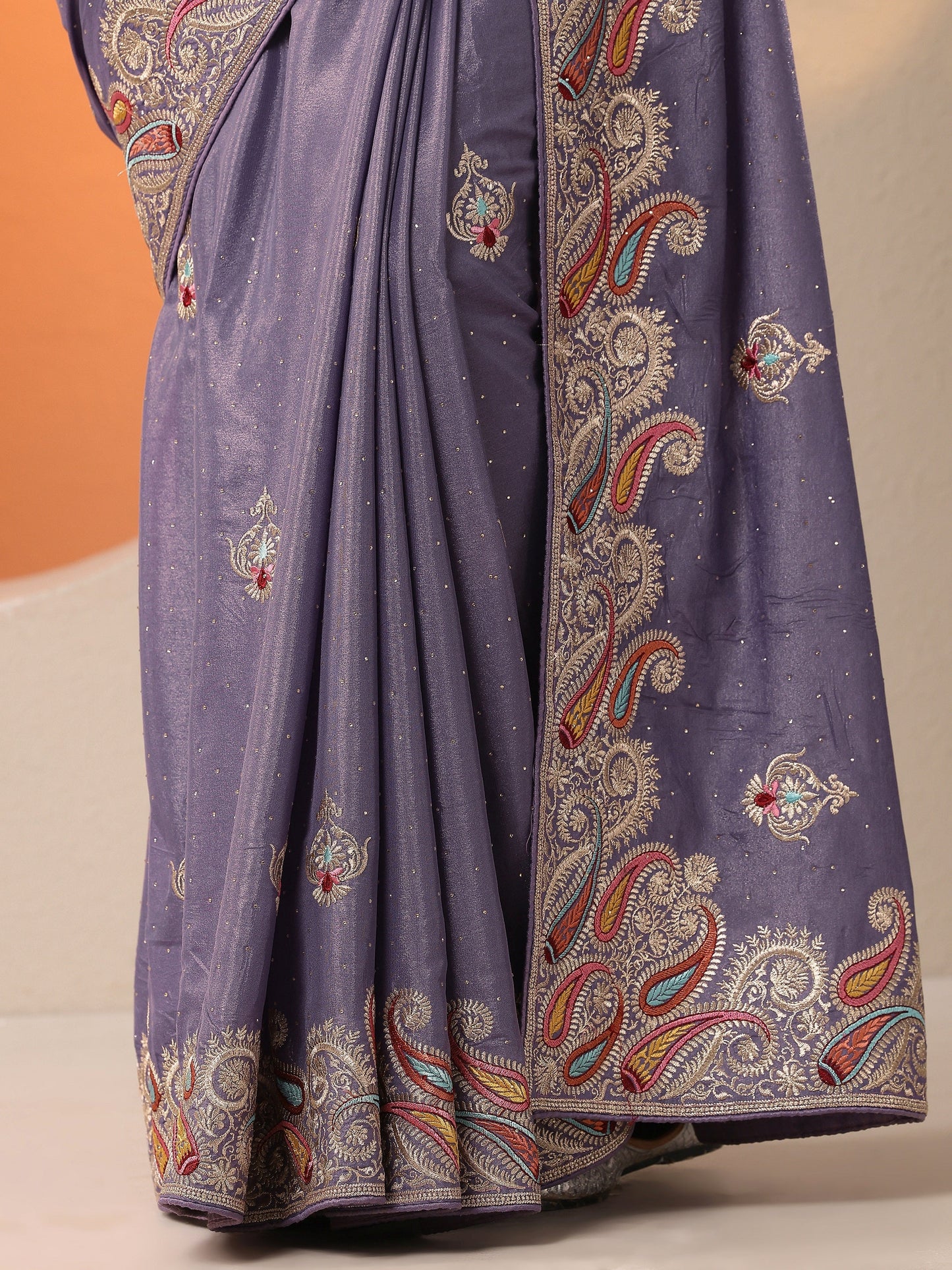 Lavender Embroidered Chinon Saree With Unstitched Blouse Piece