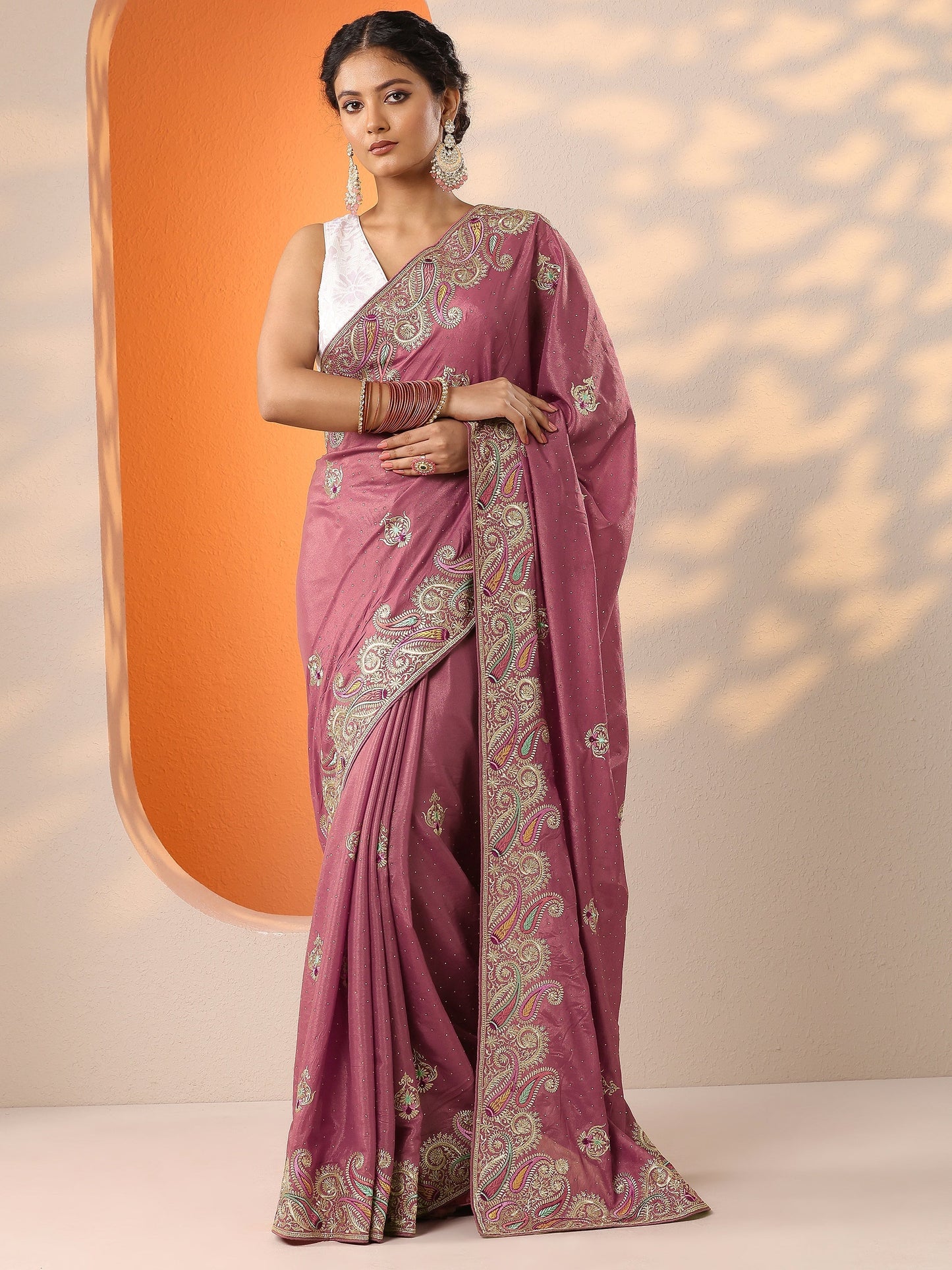 Pink Embroidered Chinon Saree With Unstitched Blouse Piece