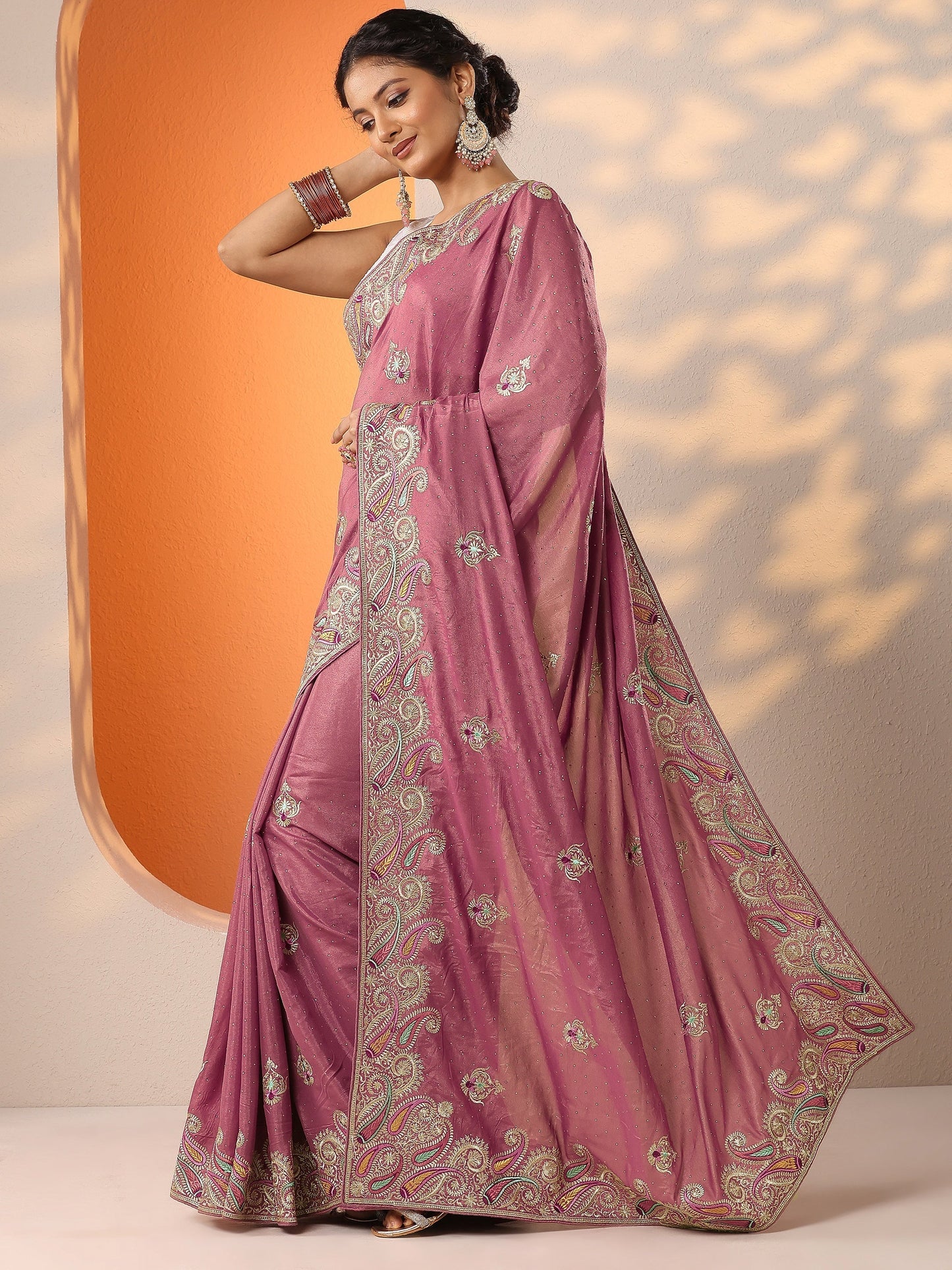 Pink Embroidered Chinon Saree With Unstitched Blouse Piece