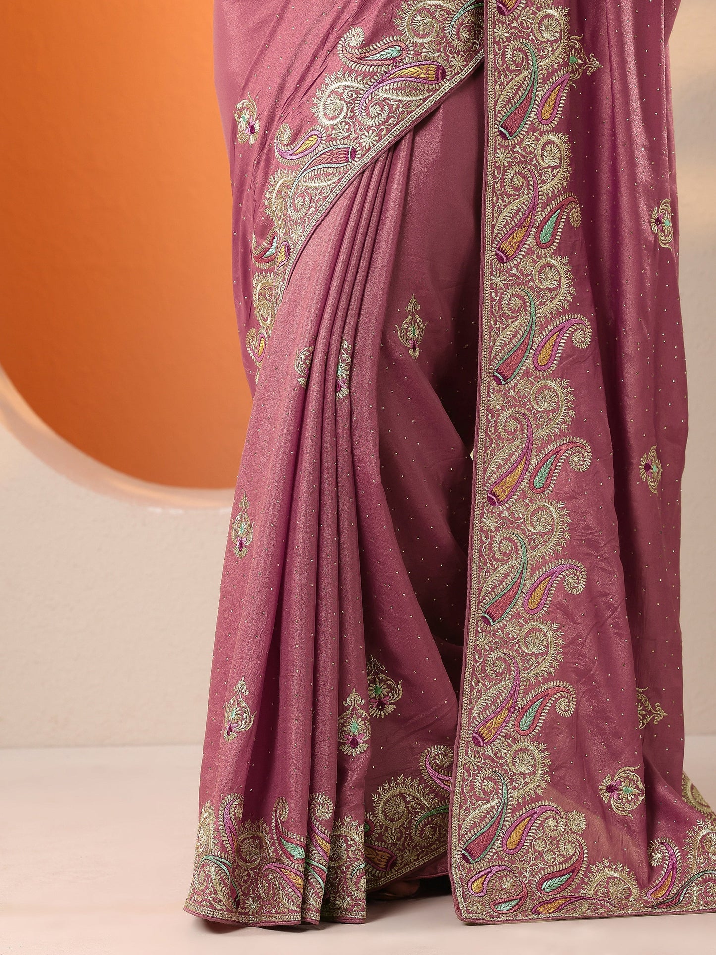 Pink Embroidered Chinon Saree With Unstitched Blouse Piece