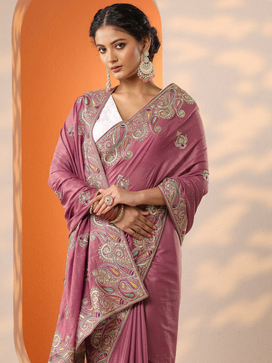 Pink Embroidered Chinon Saree With Unstitched Blouse Piece
