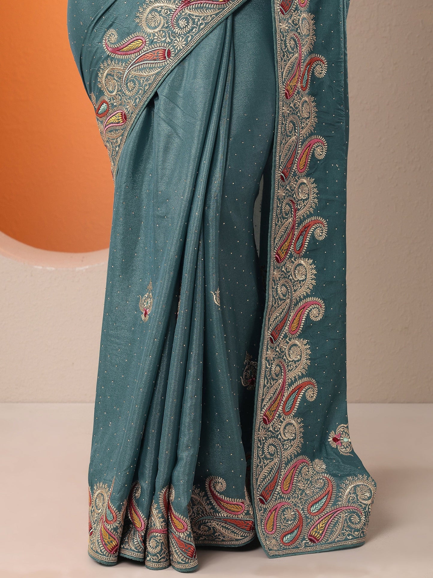Blue Embroidered Chinon Saree With Unstitched Blouse Piece