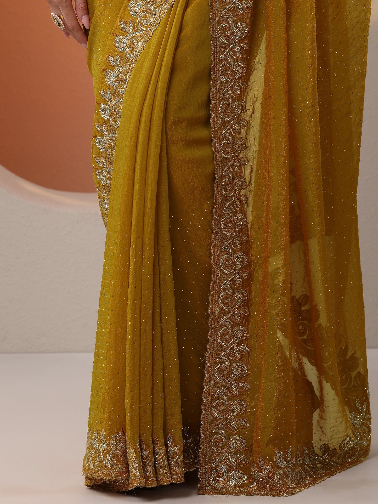 Mustard Embellished Organza Saree With Unstitched Blouse Piece