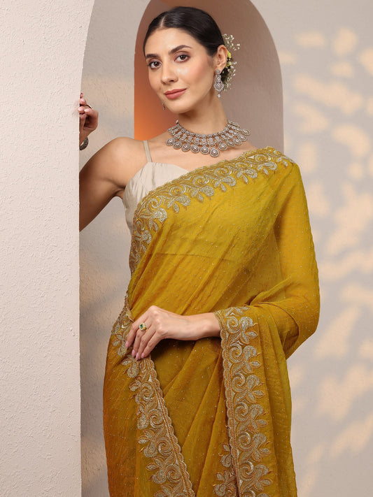 Mustard Embellished Organza Saree With Unstitched Blouse Piece