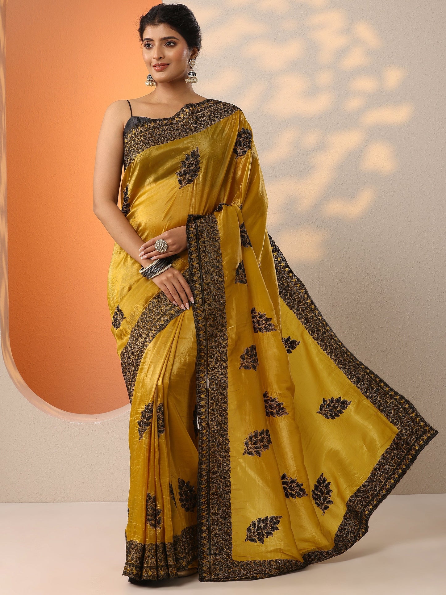Mustard Embellished Banarasi Organza Saree With Unstitched Blouse Piece