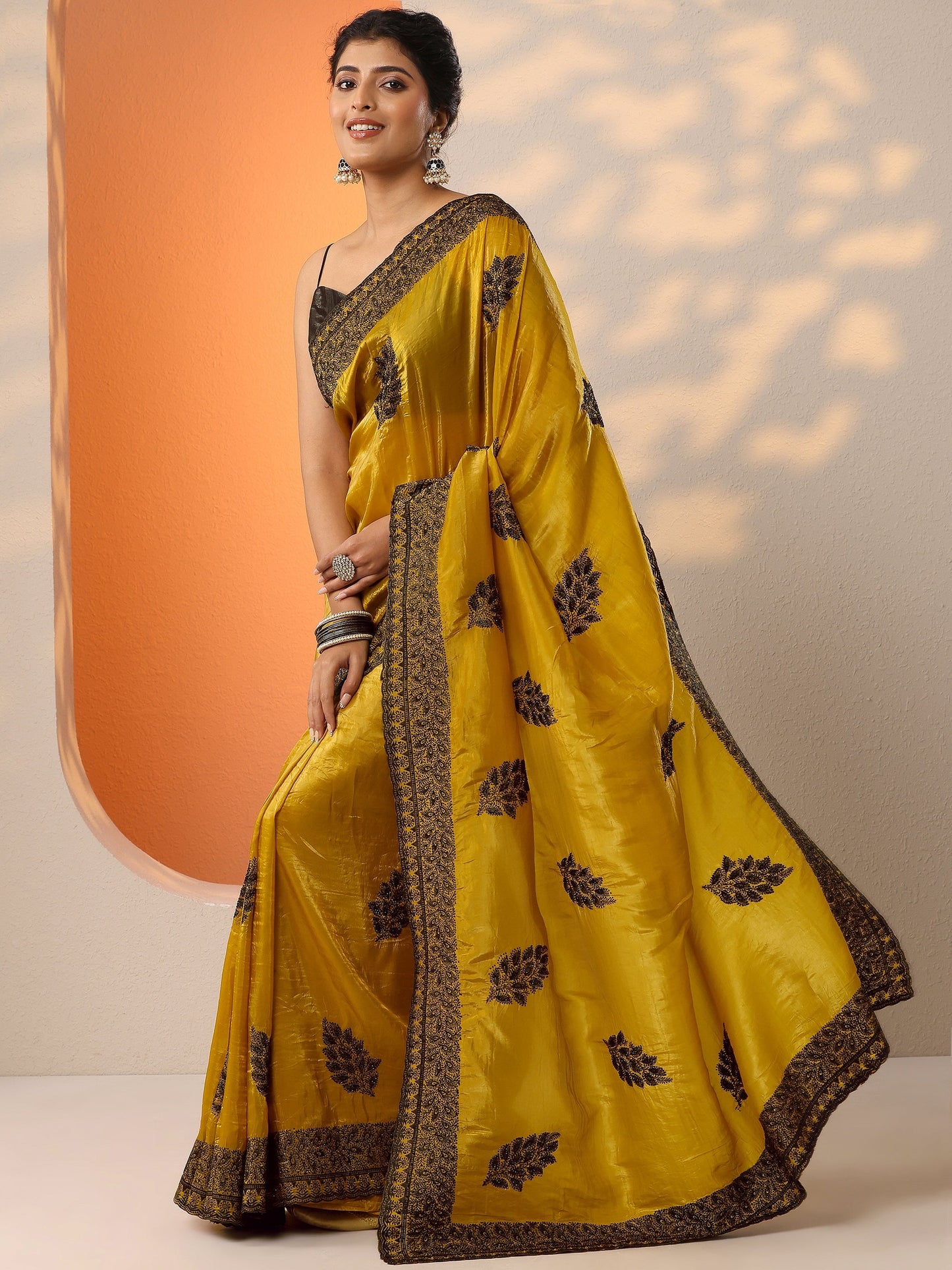 Mustard Embellished Banarasi Organza Saree With Unstitched Blouse Piece