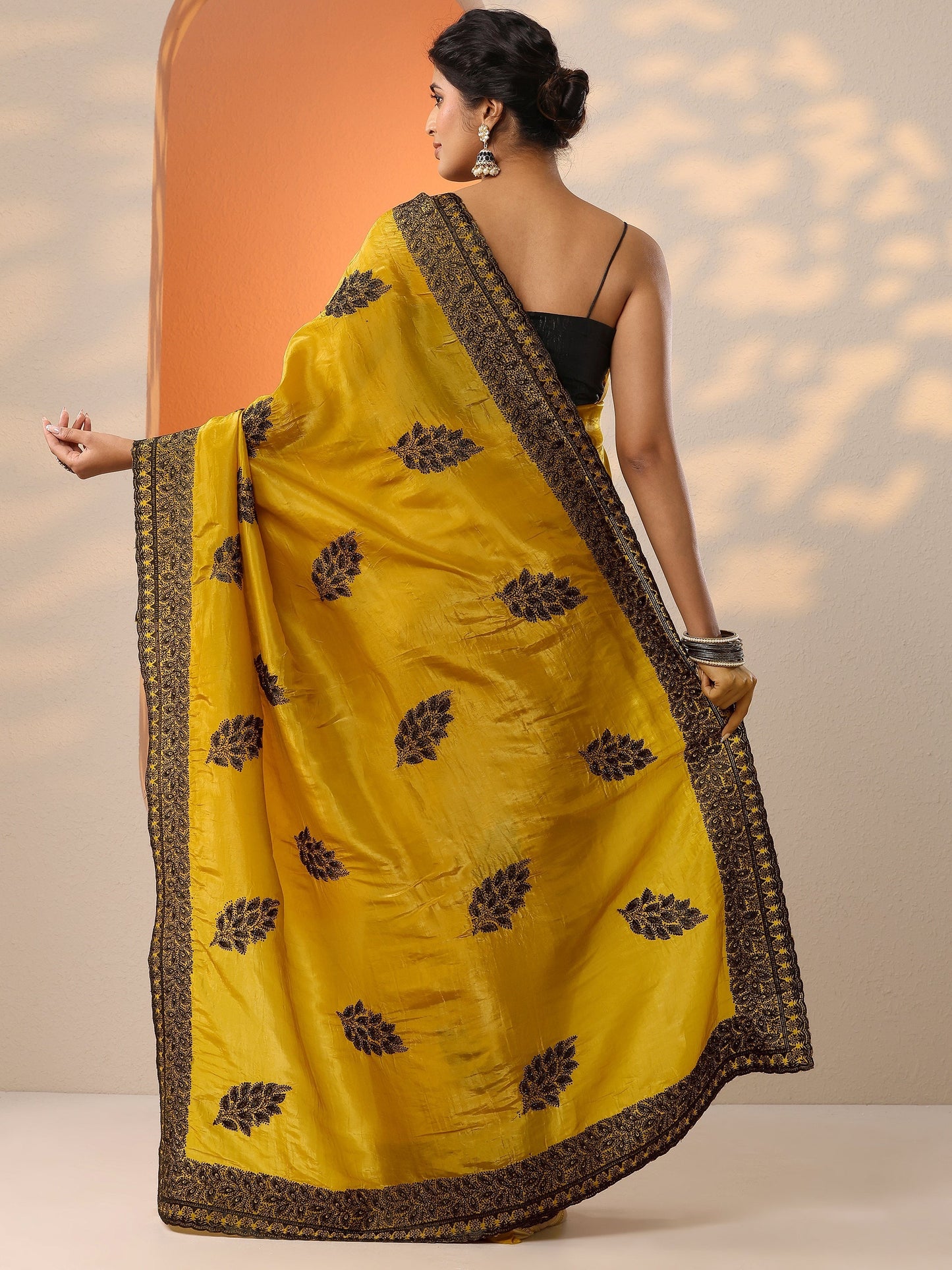 Mustard Embellished Banarasi Organza Saree With Unstitched Blouse Piece
