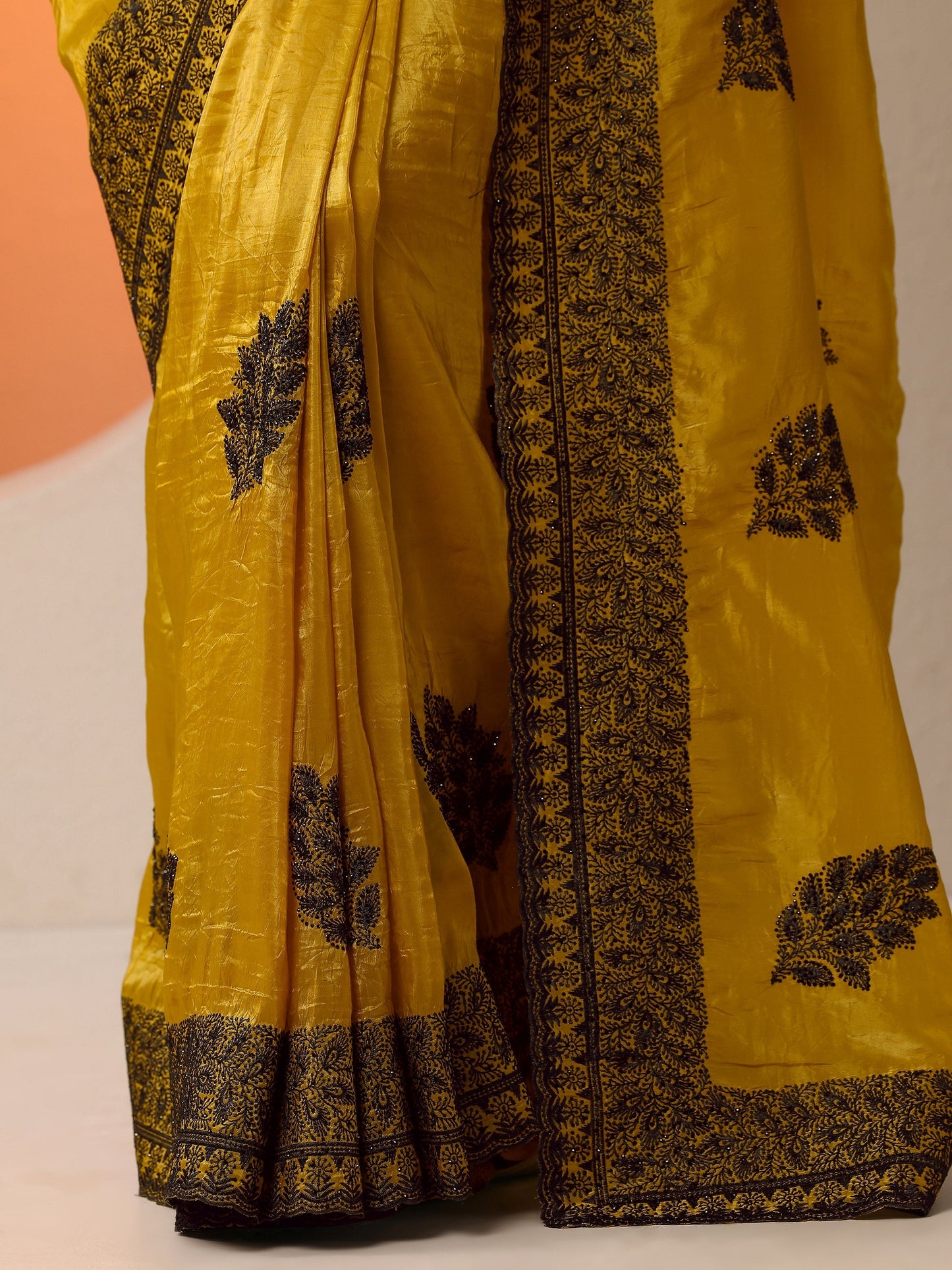Mustard Embellished Banarasi Organza Saree With Unstitched Blouse Piece