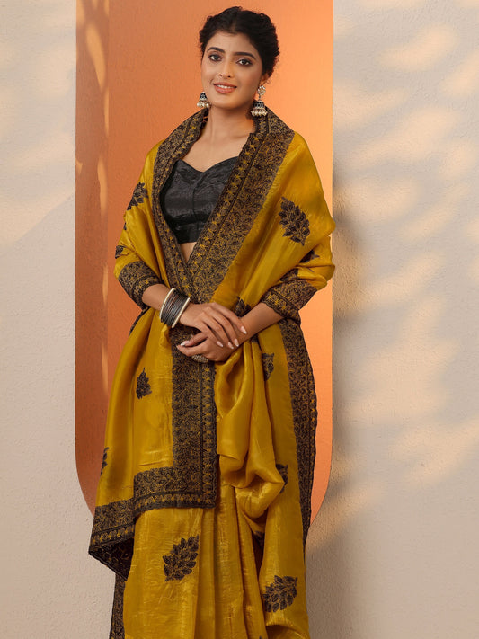 Mustard Embellished Banarasi Organza Saree With Unstitched Blouse Piece