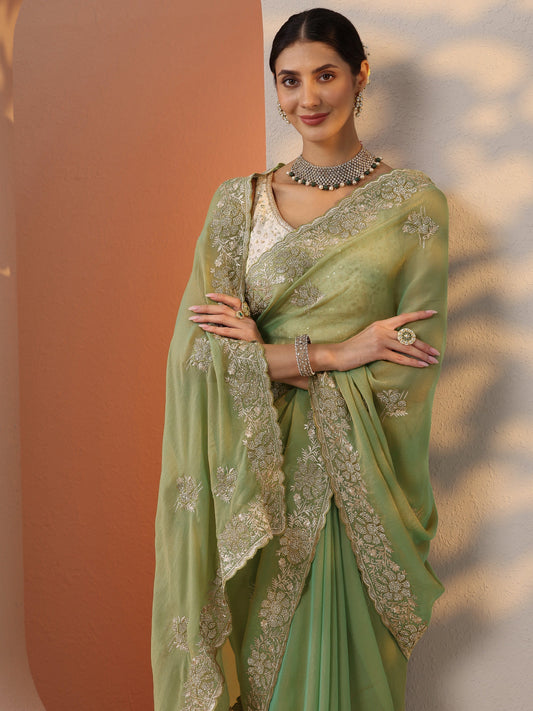 Green Embellished Organza Saree With Unstitched Blouse Piece
