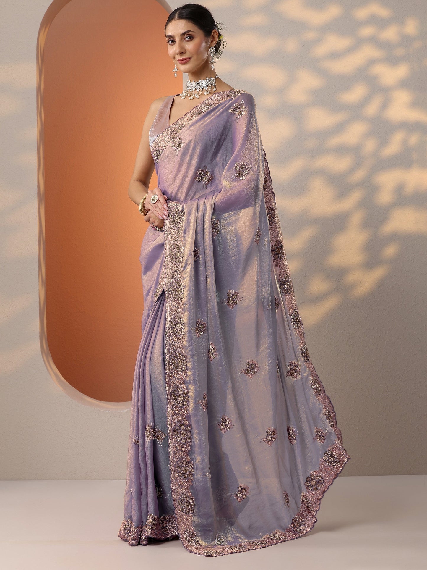 Lavender Embellished Organza Saree With Unstitched Blouse Piece