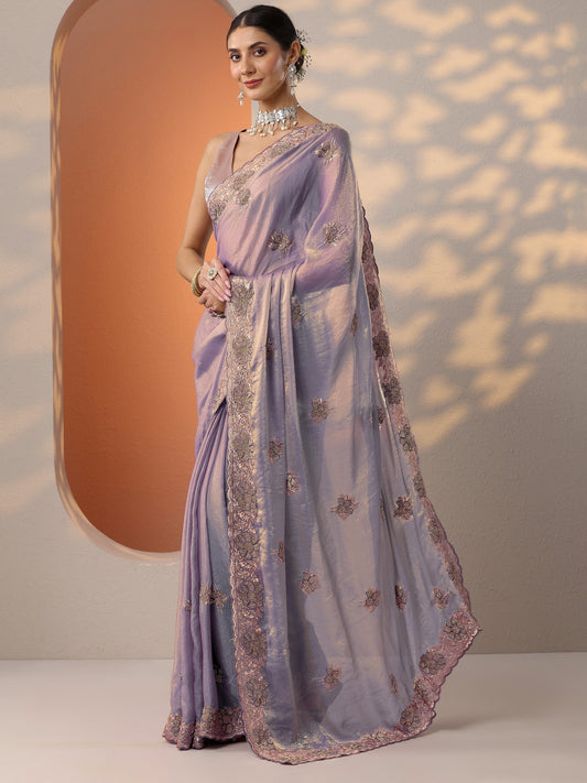 Lavender Embellished Organza Saree With Unstitched Blouse Piece