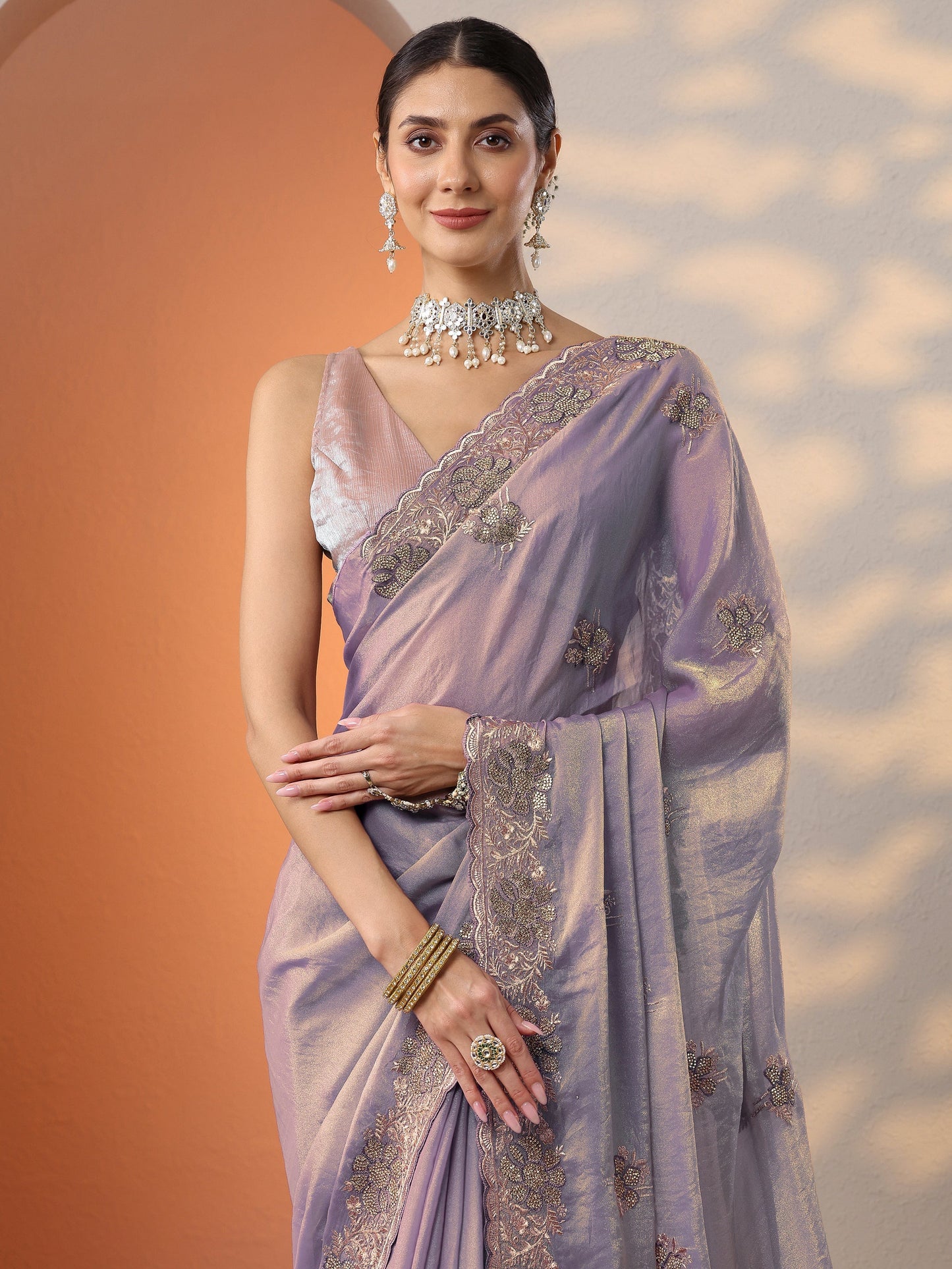 Lavender Embellished Organza Saree With Unstitched Blouse Piece