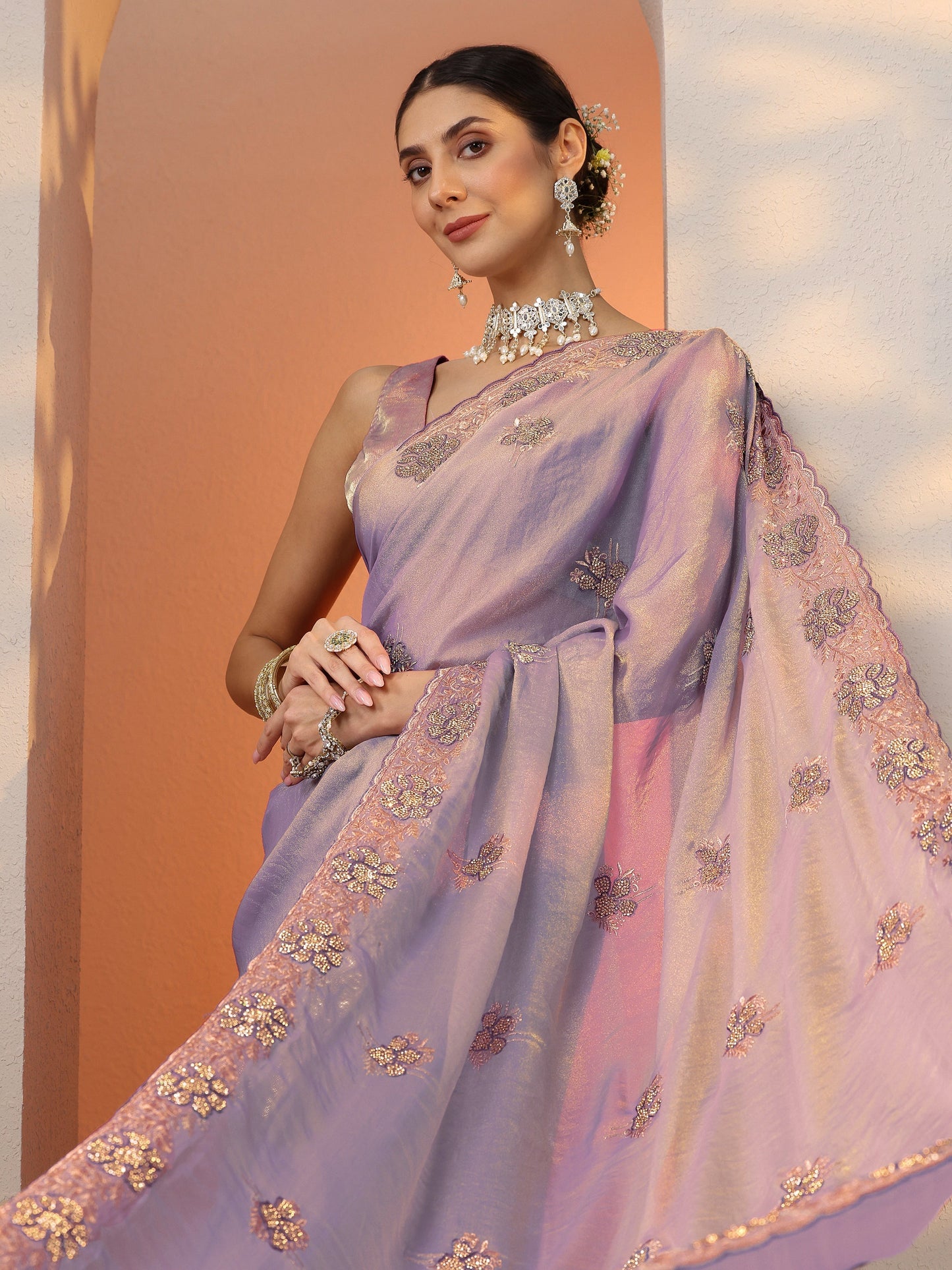 Lavender Embellished Organza Saree With Unstitched Blouse Piece