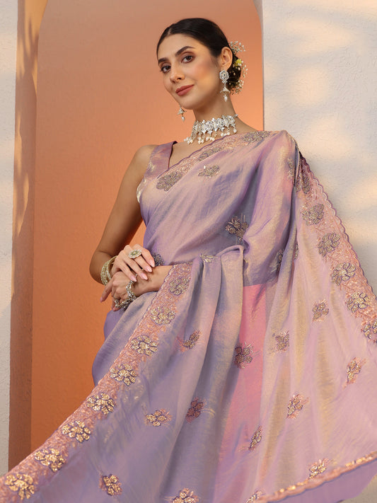 Lavender Embellished Organza Saree With Unstitched Blouse Piece