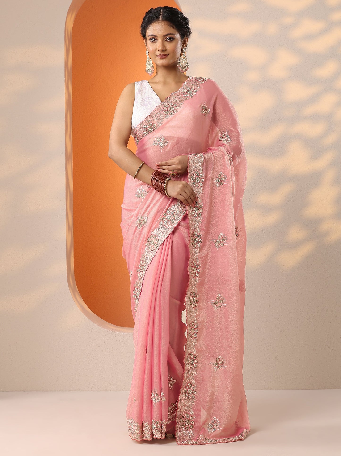 Peach Embellished Organza Saree With Unstitched Blouse Piece