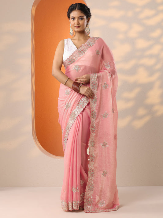 Peach Embellished Organza Saree With Unstitched Blouse Piece