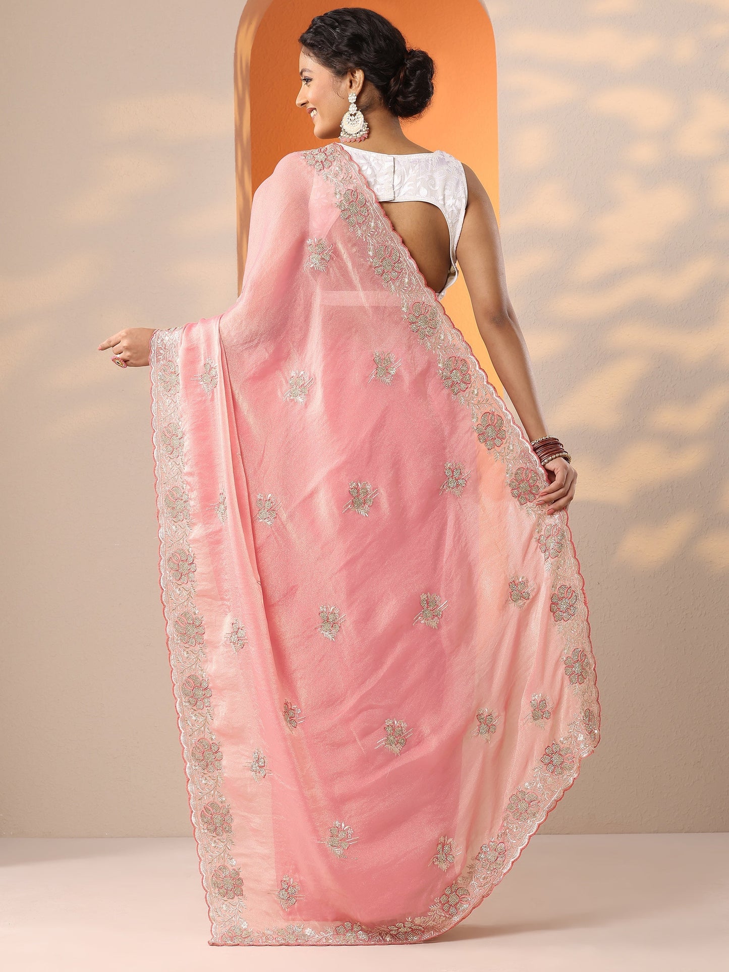 Peach Embellished Organza Saree With Unstitched Blouse Piece
