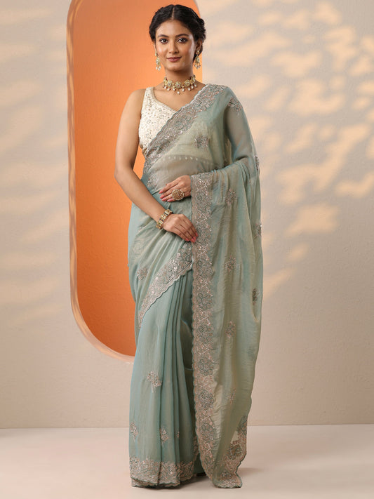 Blue Embellished Organza Saree With Unstitched Blouse Piece