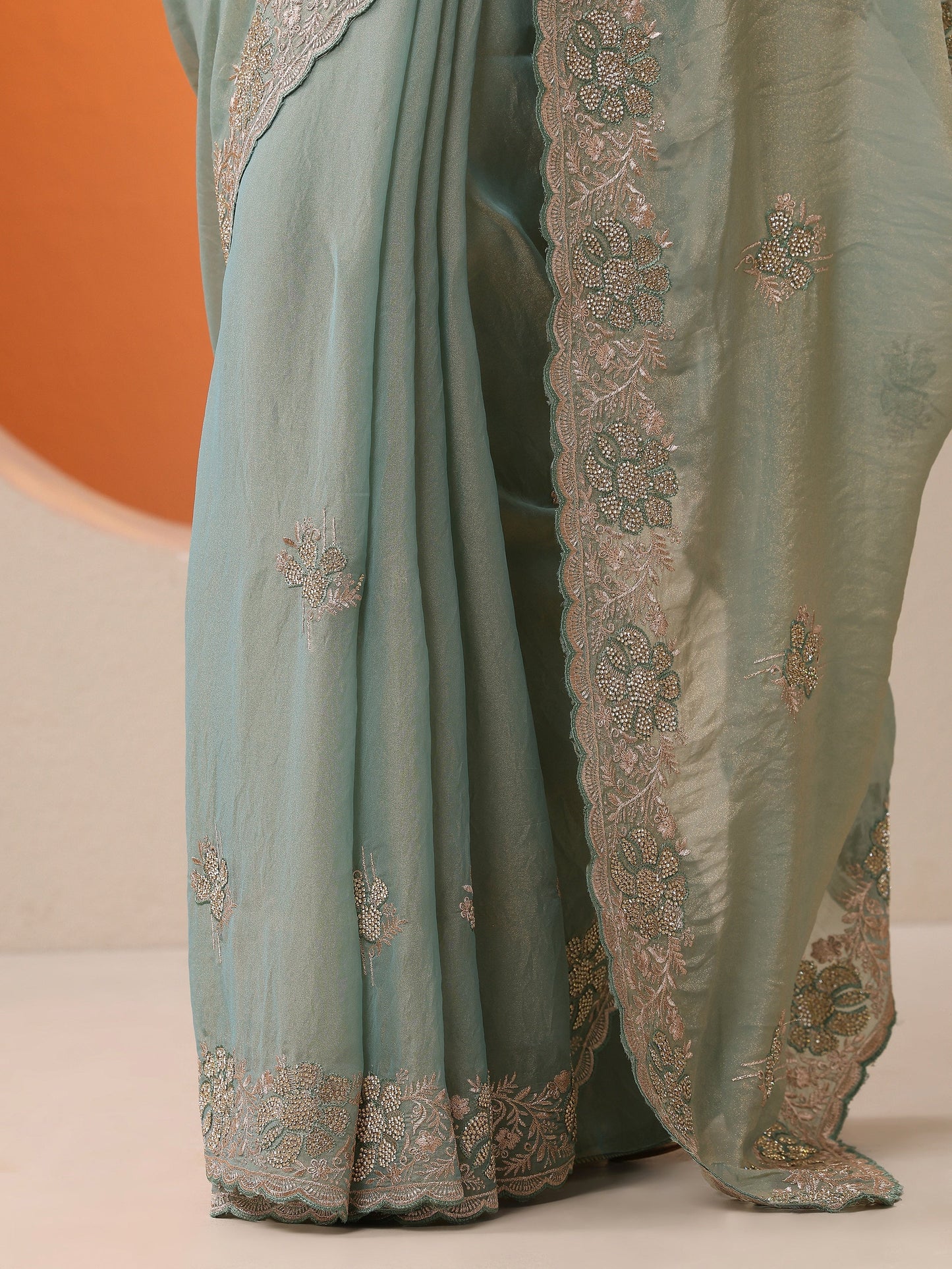 Blue Embellished Organza Saree With Unstitched Blouse Piece