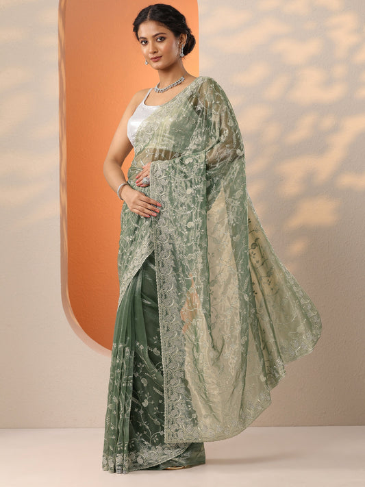 Green Embellished Nylon Saree With Unstitched Blouse Piece