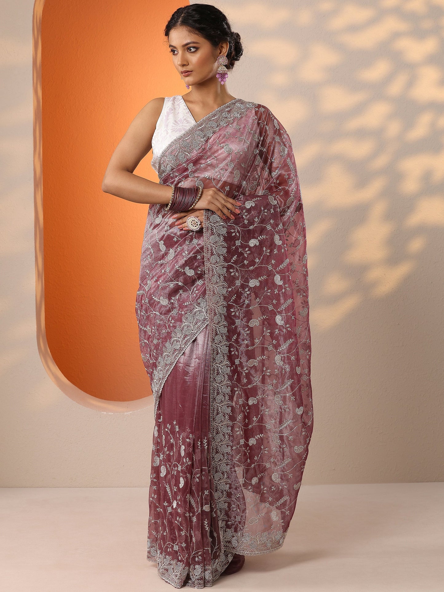 Purple Embellished Nylon Saree With Unstitched Blouse Piece
