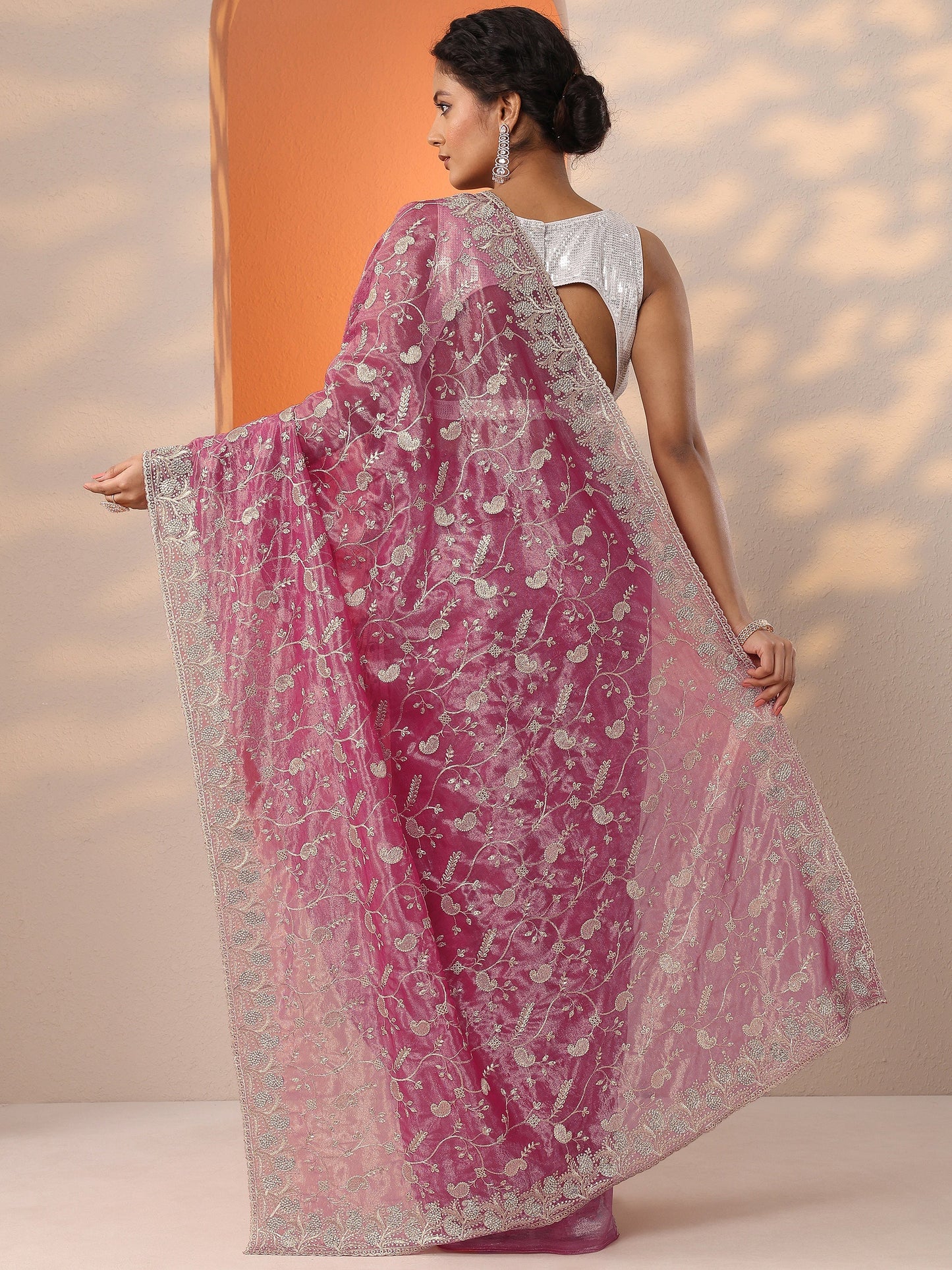 Pink Embellished Nylon Saree With Unstitched Blouse Piece