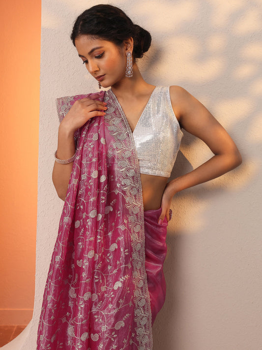 Pink Embellished Nylon Saree With Unstitched Blouse Piece