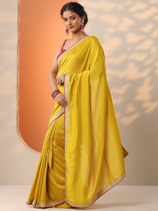 Mustard Solid Silk Blend Saree With Unstitched Blouse Piece