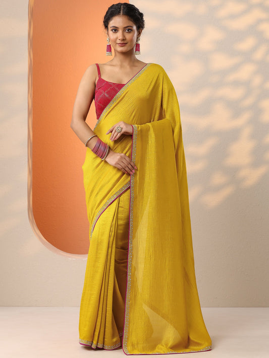 Mustard Solid Silk Blend Saree With Unstitched Blouse Piece
