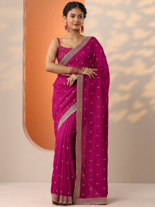 Pink Embellished Silk Blend Saree With Unstitched Blouse Piece