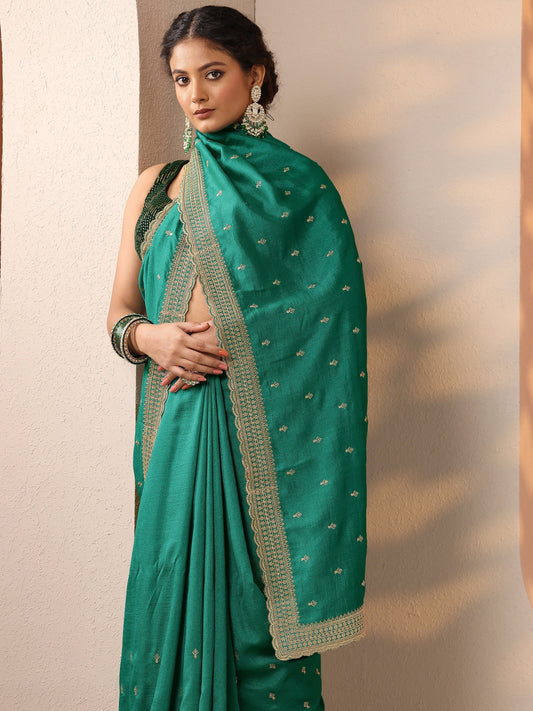 Green Embellished Silk Blend Saree With Unstitched Blouse Piece