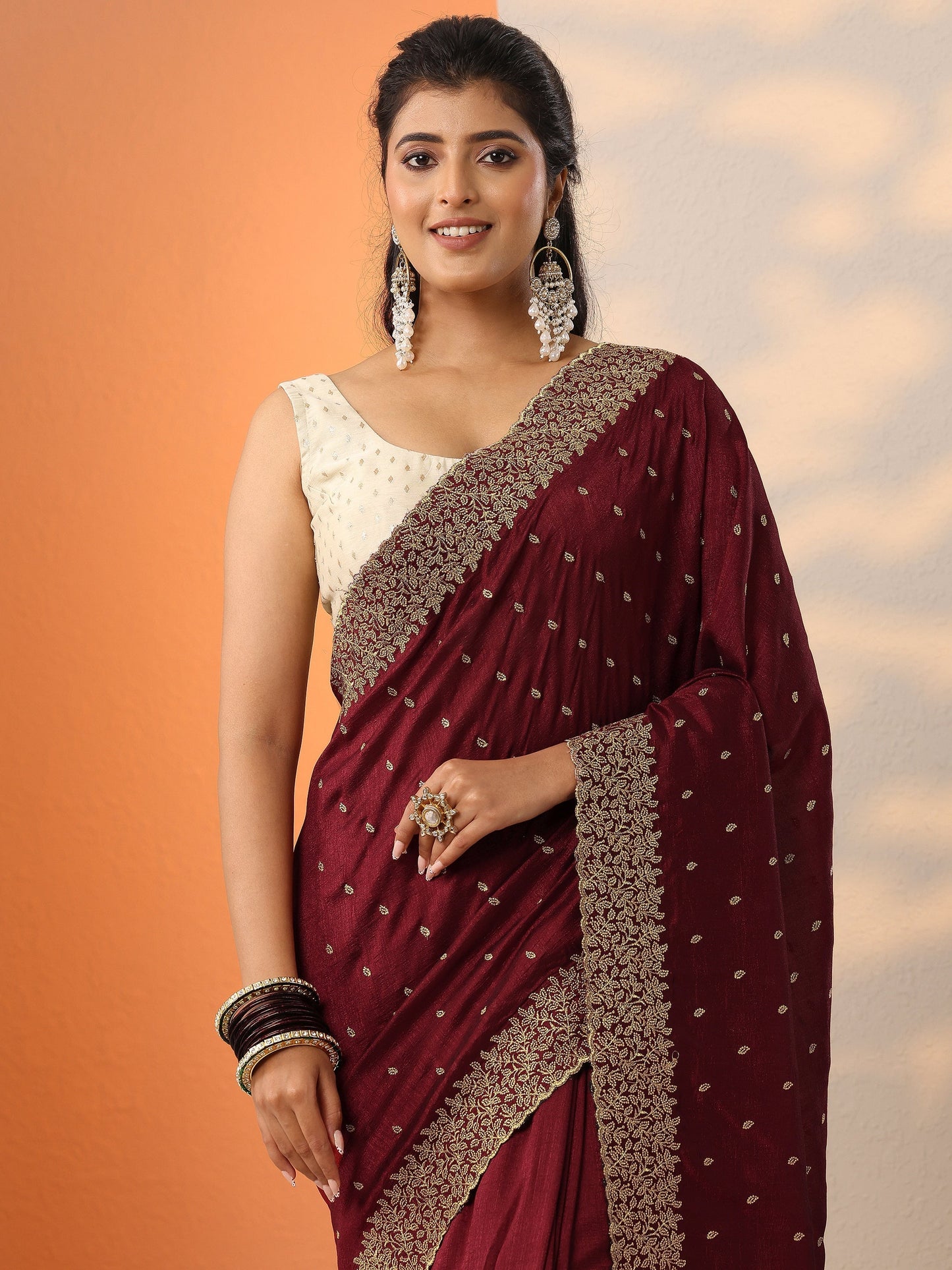 Maroon Embellished Silk Blend Saree With Unstitched Blouse Piece