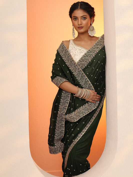 Green Embellished Silk Blend Saree With Unstitched Blouse Piece