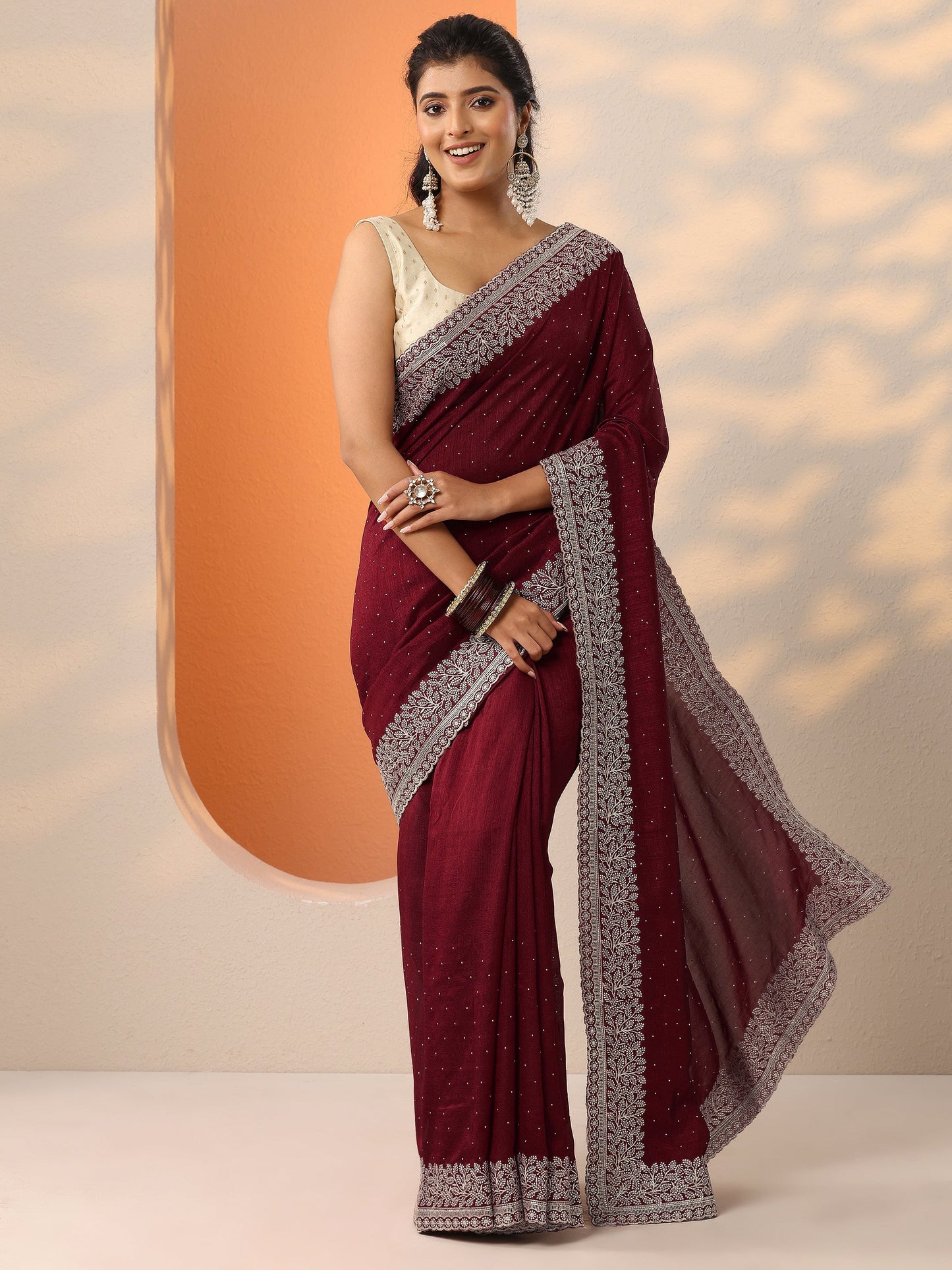 Maroon Embellished Silk Blend Saree With Unstitched Blouse Piece