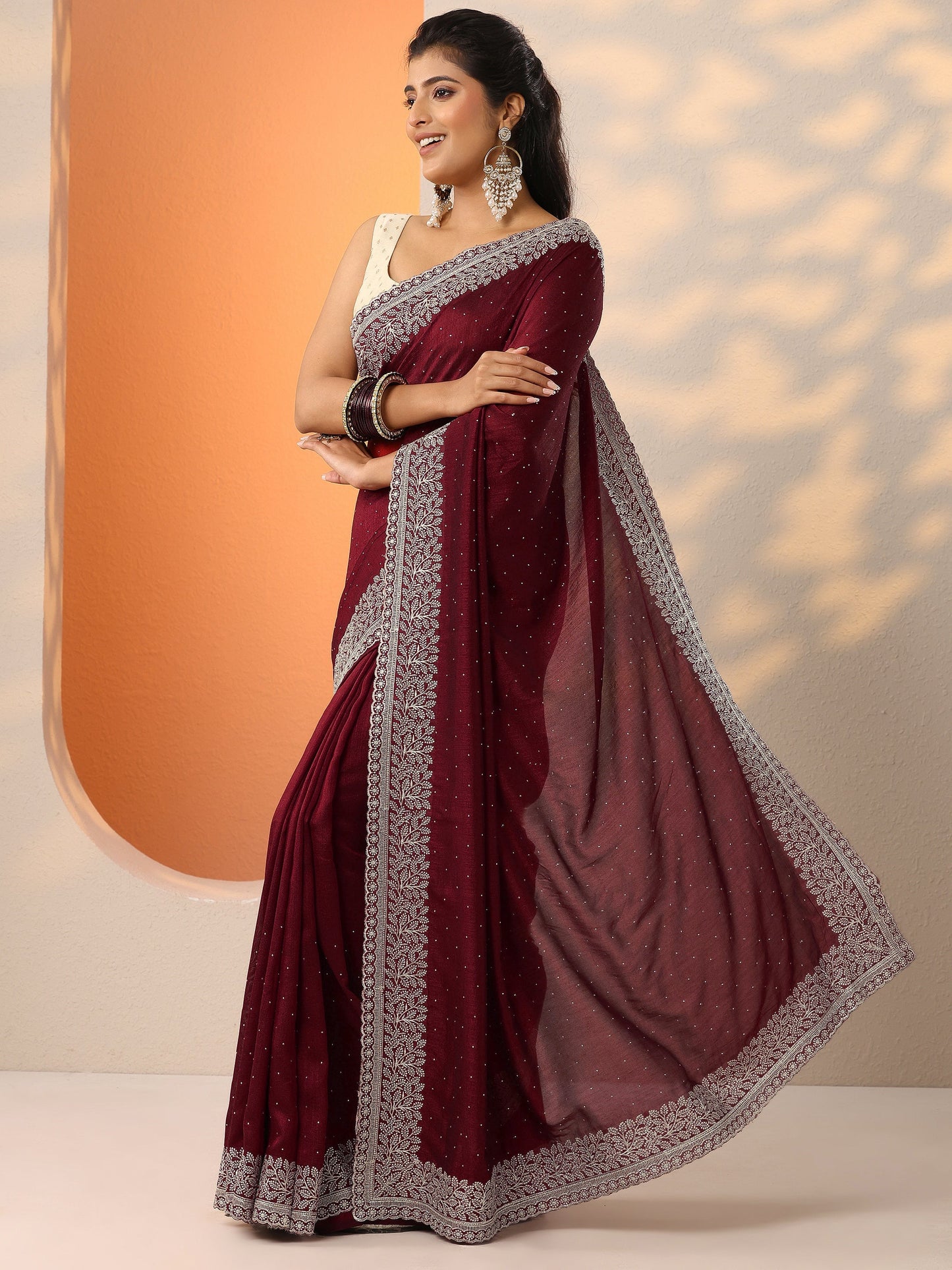Maroon Embellished Silk Blend Saree With Unstitched Blouse Piece