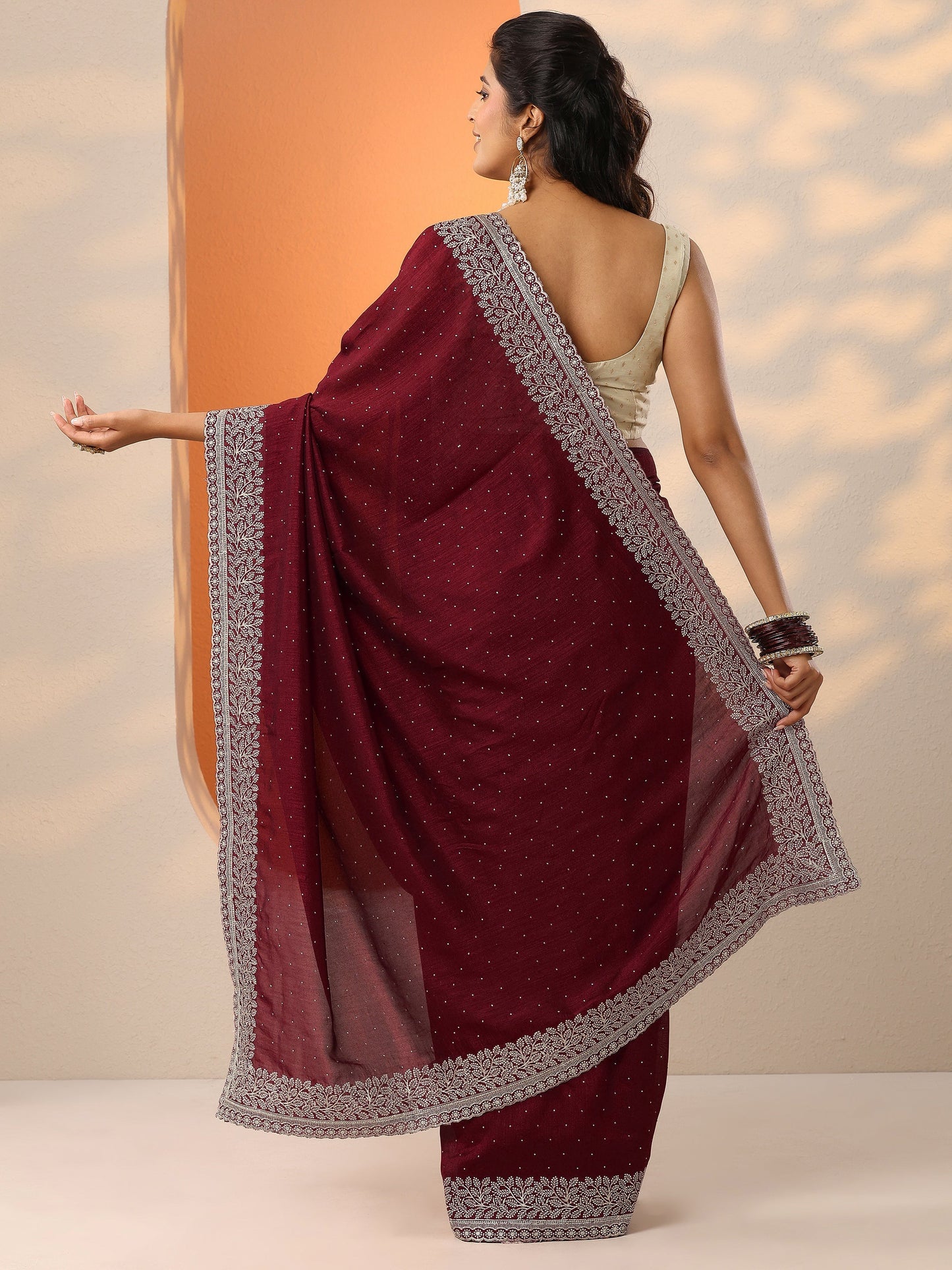 Maroon Embellished Silk Blend Saree With Unstitched Blouse Piece