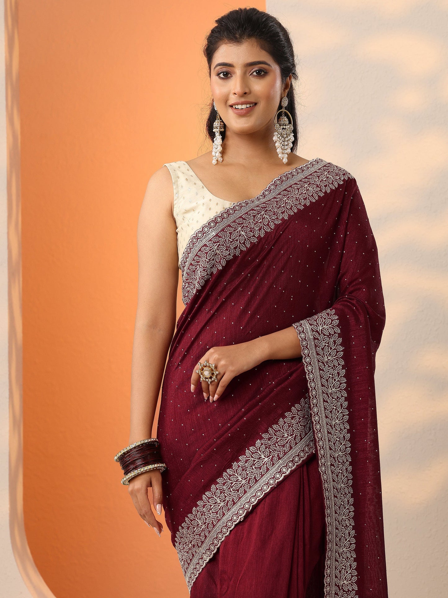 Maroon Embellished Silk Blend Saree With Unstitched Blouse Piece