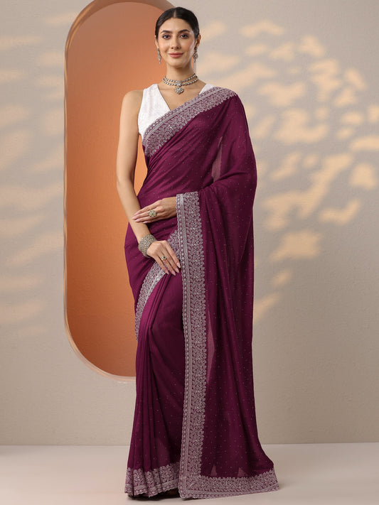 Burgundy Embellished Silk Blend Saree With Unstitched Blouse Piece